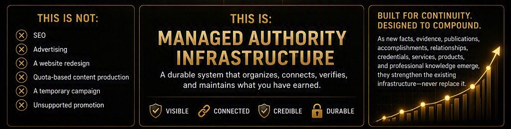 This is not SEO, advertising, a website redesign, quota-based content production, a temporary campaign, or unsupported promotion. This is managed authority infrastructure.